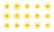 Cute sun emoji. Cute suns smile, fun weather sunlight icons. Isolated sunny faces, summer sunshine heating smiley utter