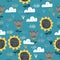 Cute sun flower seamless pattern with children drawing scandinavian art background. Botanical cartoon nature elements for baby and