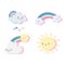 Cute sun and happy clouds and rainbows cartoon decoration