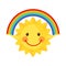 Cute sun icon holds a rainbow in flat style isolated on white background