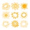 Cute Sun Icons Set. Yellow Childish Doodle Emoticons Collection. Smiling Sun with Sunbeams