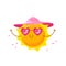 Cute Sun Wearing Heart Shaped Sunglasses and Hat Relaxing on Beach. Cartoon Kawaii Character Summer