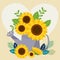 The cute sunflower in the watering can and leaf on the yellow background and white heart. T