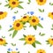 Cute sunflowers seamless pattern. Sunflowers bouquet, wreath, floral. Vector illustration in flat style
