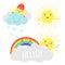 Cute sunny vector illustration with cartoon sun, clouds and rainbow