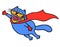 Cute super cat in a raincoat is flying to save the world. Isolated vector illustration.