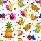 Cute superheroes fruits seamless pattern. Superpower vitamin food in flat style