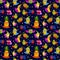 Cute superheroes fruits seamless pattern. Superpower vitamin food in flat style.