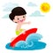 Cute surfer boy character with surfboard and riding on ocean wave. Happy young surfer guy on the crest wave, flat vector