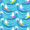 Cute surfer cats on big blue waves, seamless pattern