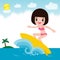 Cute surfer people character with surfboard and riding on ocean wave. Happy young surfer guy on the crest wave, flat vector