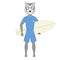 Cute surfer wolf with surfboard. Hand drawn anthropomorphic animal illustration for posters, t-shirt print, greeting