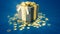 cute surprise gift box with gold stars on blue - xmas concept - abstract 3D rendering