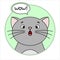 Cute Surprised Cat, Round Icon, Emoji. Gray Cat With Whiskers, Mouth Open With Surprise, Large Round Eyes, Says Wow. Vector Image