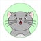 Cute Surprised Cat, Round Icon, Emoji. Gray Cat With Whiskers, Mouth Open With Surprise, Large Round Eyes. Vector Image Isolated