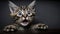 cute surprised fluffy grey kitten on a dark background