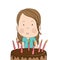 Cute surprised little girl, bewildered facial expression, celebrating birthday, b-day chocolate cake with seven candles