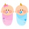 Cute swaddled newborn babies wrapped in pink and blue blankets. Newborn baby girl and boy twins. Vector illustration