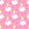 Cute swan princess with crown seamless vector pattern on pink background