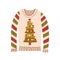 Cute sweater with Christmas tree and fringe vector flat illustration. Knitted festive clothes with striped sleeves