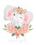Cute sweet baby elephant girl adorable smile sit in flower bouquet, watercolor animal cartoon hand drawn illustration