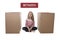 Cute and sweet blond hair child sitting between two cardboard boxes