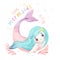 Cute sweet colorful pastel watercolor happy joyful little mermaid aqua blue hair, whimsical adorable children cartoon character