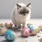 cute sweet grey himalayan tabby Baby Cat staying in a room and looking on many beautifull painted easter eggs Generative