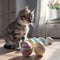 cute sweet grey tabby Baby Cat sitting in a room and looking on many beautifull painted easter eggs Generative AI