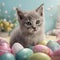 cute sweet grey tabby Baby Cat sitting in a room with many beautifull painted easter eggs around the baby cat Generative