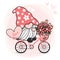 Cute Sweet Pink Gnome Valentine on bike with flower and heart, cartoon doodle vector, Gnome in Love