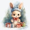 Cute and sweet tiny Christmas bunny sitting by a Christmas tree and gifts