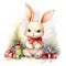 Cute and sweet tiny Christmas bunny sitting by a Christmas tree and gifts