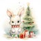 Cute and sweet tiny Christmas bunny sitting by a Christmas tree and gifts