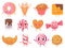Cute sweets. Happy cupcake mascot, funny sweet candy character and smiled donut. Cookies, ice cream and croissant