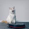 Cute tabby cat sitting behind a robot vacuum cleaner.