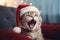 Cute tabby cat wearing santa hat meowing in living room, Christmas and pet concept. Generative AI