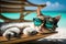Cute tabby cat wearing sunglasses lounging on a tropical beach chair