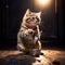 Cute tabby kitten holding a fork eating food from a metal stainless bowl on the wooden floor