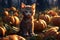 Cute tabby kitten watching over cornucopia of winter squash in a pumpkin patch