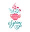 Cute teapot with bouquet of flowers. Spring flowers. Springtime greeeting card design concept with trendy hand lettering