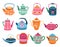 Cute teapots. Kitchen tools, cartoon teapot or kettle decorative ceramic. Householding elements, isolated modern coffee