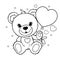 Cute Teddy bear with a ball. Black and white linear drawing. Vector