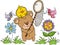 Cute teddy bear with birdie hunting butterflies