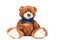 Cute teddy bear with blue bow tie sitting at white wall