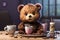 Cute teddy bear in a bodysuit, having a bar of chocolate for breakfast guilty surprised face and enjoy eating