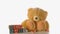 Cute teddy bear falling besides baby blocks