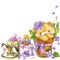 Cute teddy bear and flower violet background. Watercolor teddy bear.