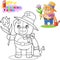 Cute teddy bear gardener, with a flower in his hand, coloring book