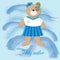 Cute Teddy bear - girl sailor , on the backdrop of the sea waves